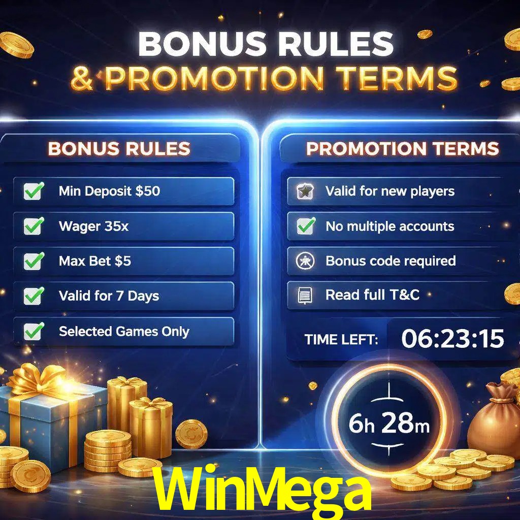 Reglas de promoción WinMega y condiciones de bonos explicadas visualmente