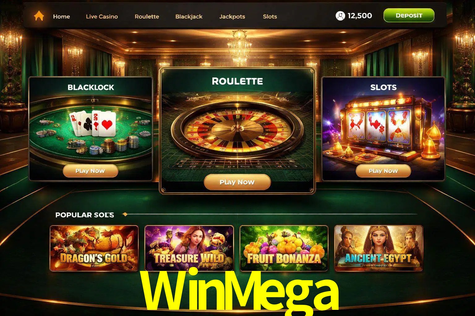 Vista de la plataforma WinMega Casino mostrando categorías organizadas de juegos en línea