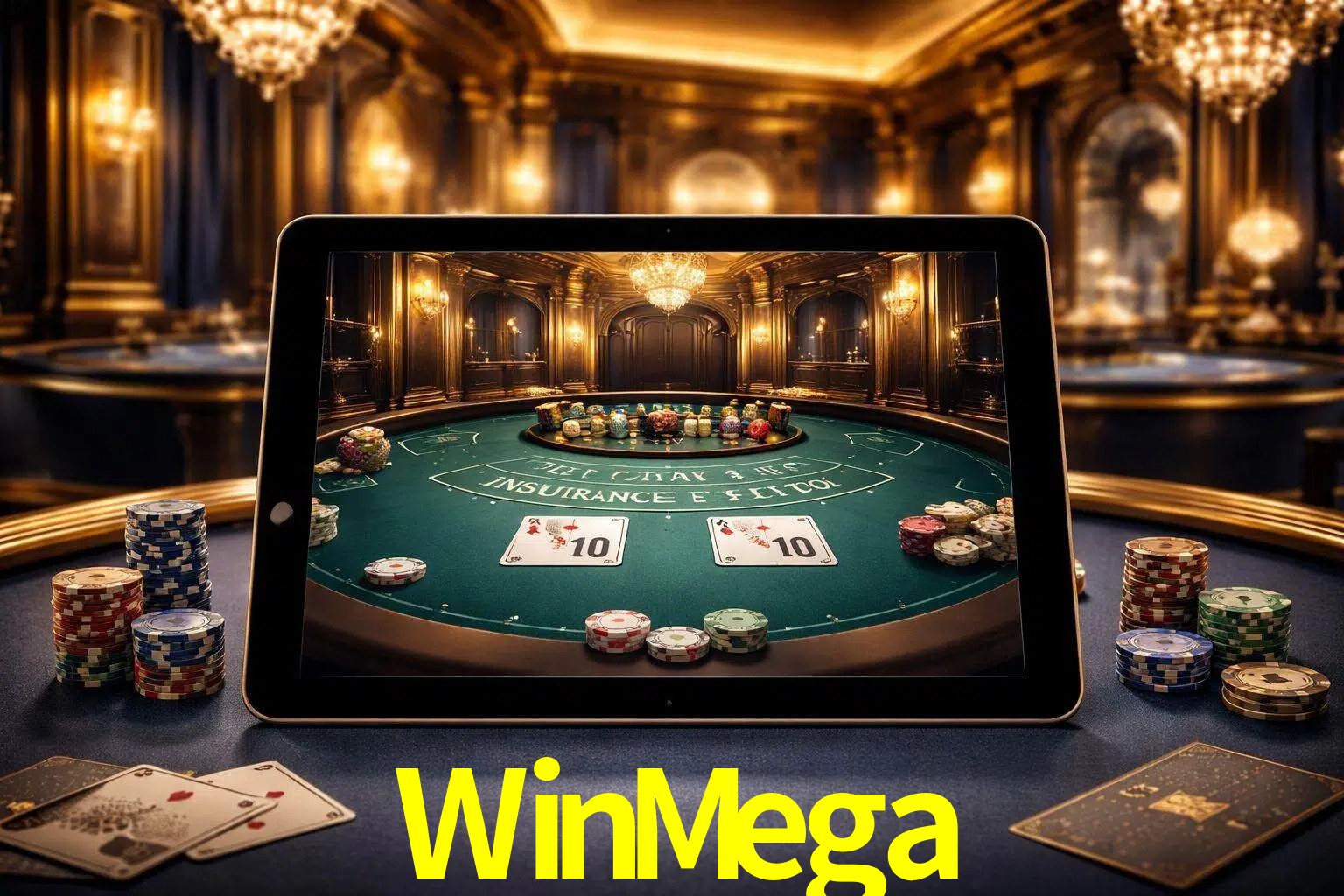 Configuración moderna de casino en vivo con una tableta mostrando una mesa de blackjack, luces cálidas de estudio y una atmósfera elegante de juegos digitales.
