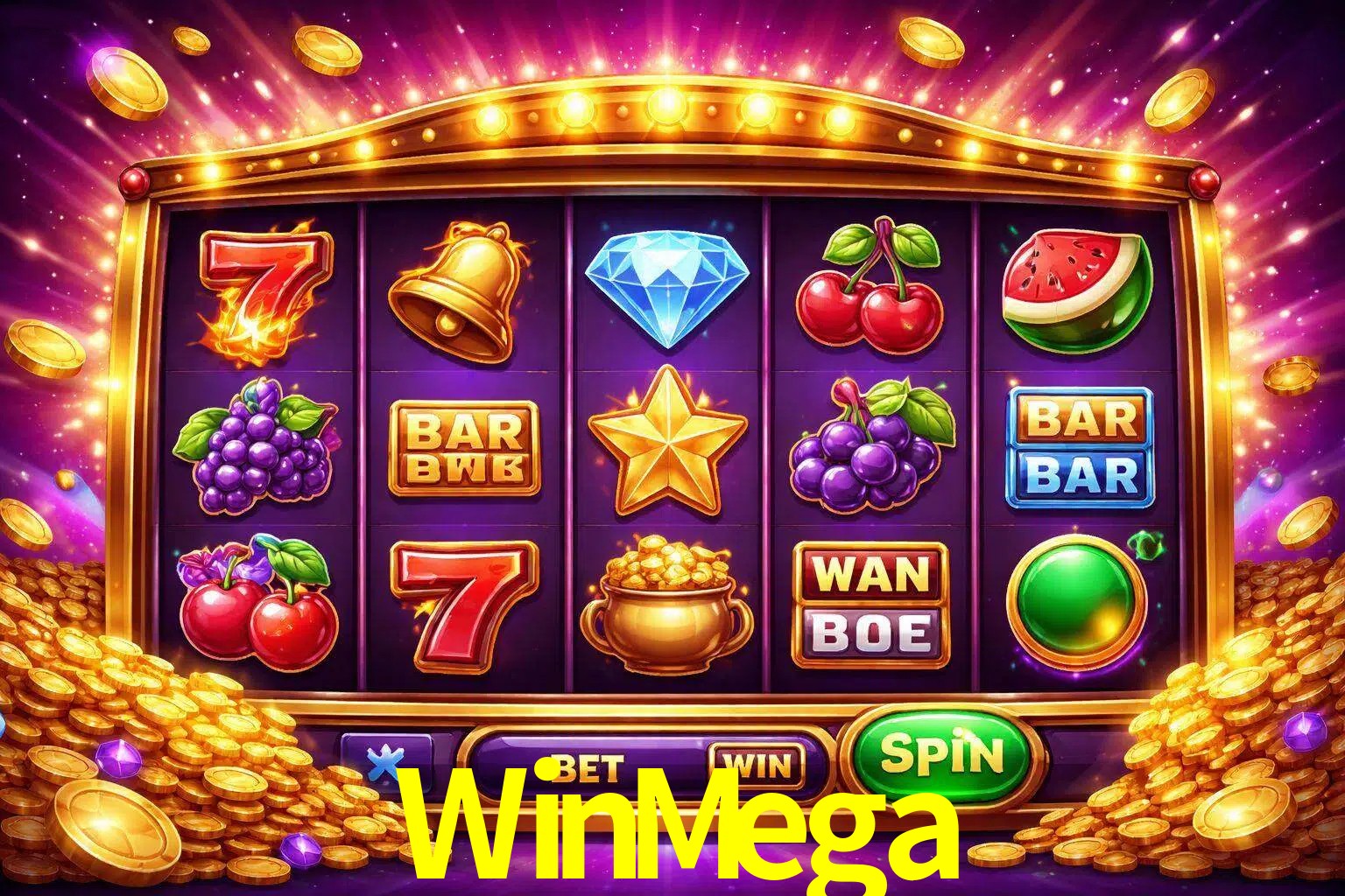 Una interfaz colorida de tragamonedas en línea con símbolos brillantes, monedas y un efecto de victoria celebratoria en WinMega.