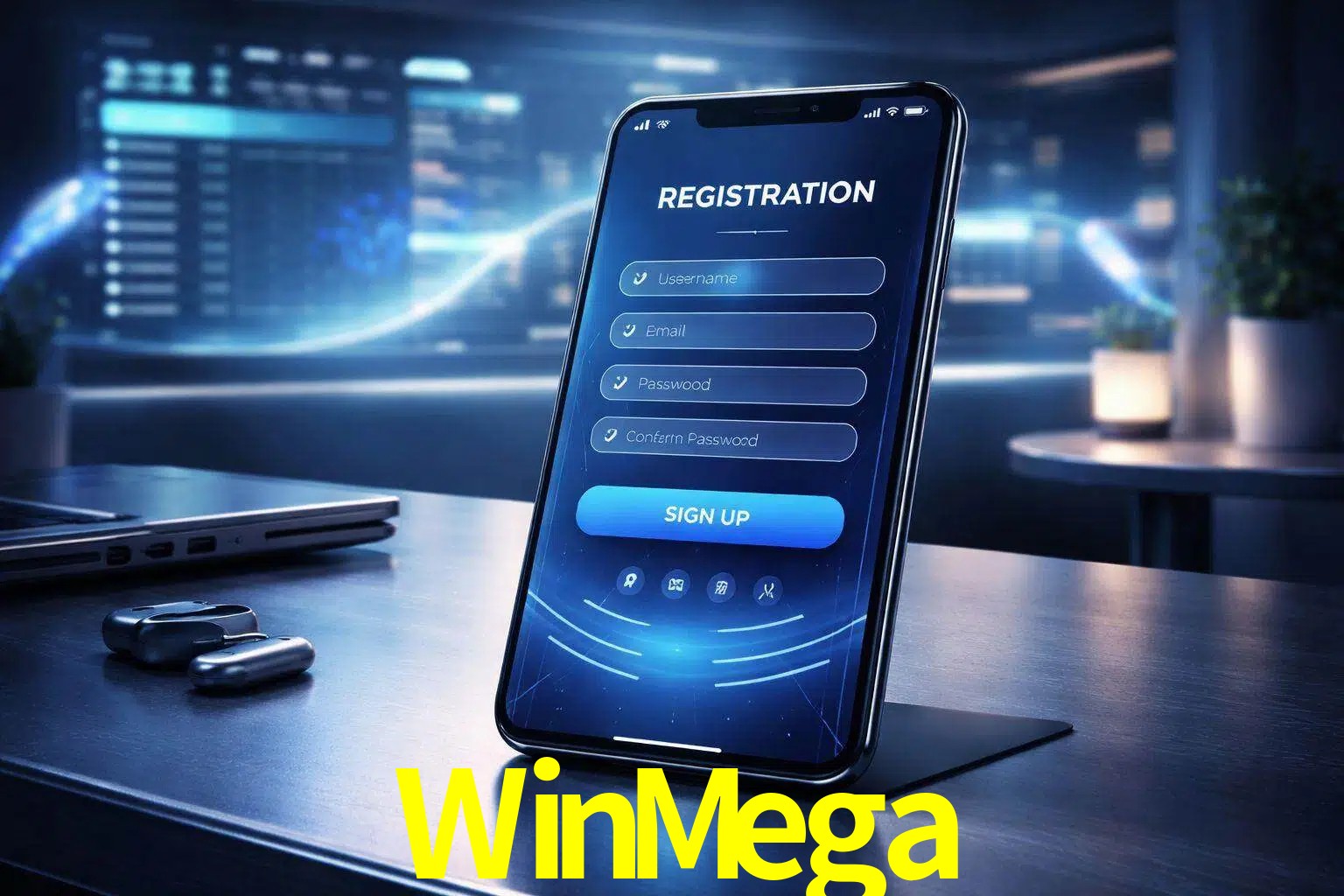Una interfaz moderna de registro móvil para WinMega mostrada en un smartphone con un panel de apuestas elegante.